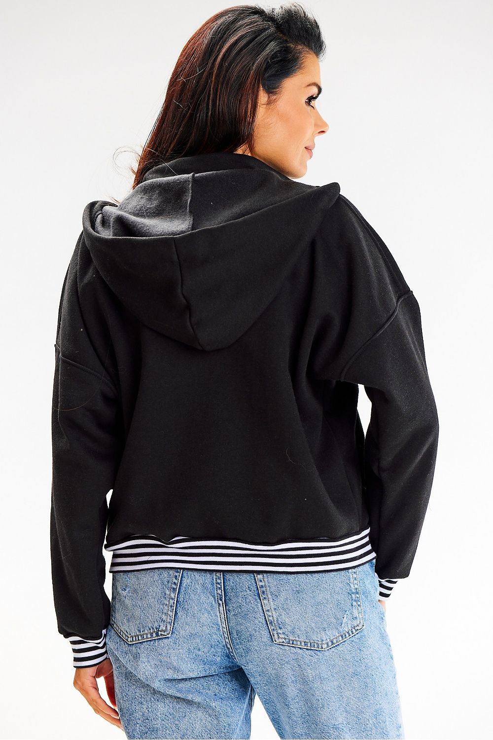 Luxury Bomber Hooded Sweatshirt by Awama showcasing its decorative striped ribbing and elegant design in a close-up view.