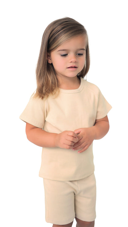 Luxury Creme Brulee unisex kids summer shorts set from DreamBuy, featuring soft ribbed cotton fabric, ideal for ages 3-8.