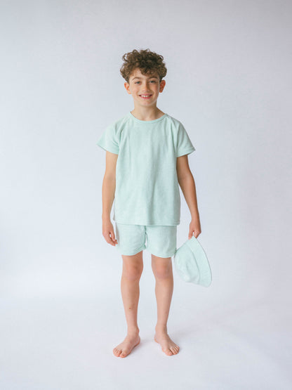Luxury Soft Mint 3-Piece Towelling Cotton Summer Set for Kids by DreamBuy, featuring a stylish short-sleeve top, comfy shorts, and a bucket hat, perfect for summer adventures aged 6 months to 10 years.