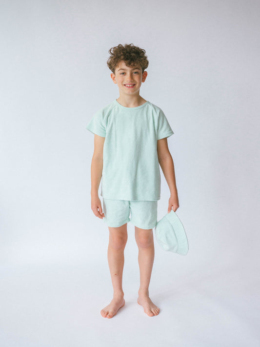 Luxury Soft Mint 3-Piece Towelling Cotton Summer Set for Kids by DreamBuy, featuring a stylish short-sleeve top, comfy shorts, and a bucket hat, perfect for summer adventures aged 6 months to 10 years.