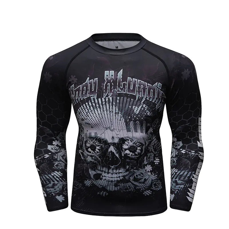 Sophisticated men's long sleeve compression shirt in a black and grey skull motif, combining style and functionality for the modern athlete's wardrobe.