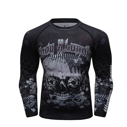 Sophisticated men's long sleeve compression shirt in a black and grey skull motif, combining style and functionality for the modern athlete's wardrobe.