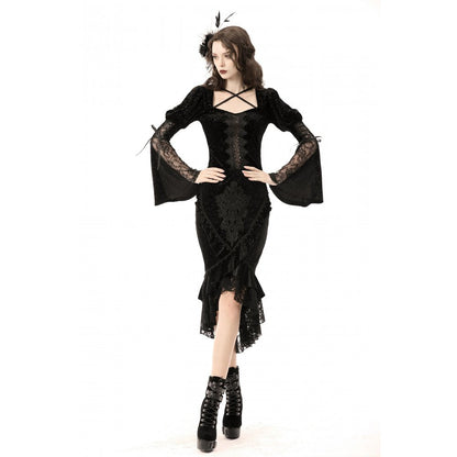 Full outfit showcase of Dark In Love velvet fishtail midi skirt paired with elegant accessories, ideal for evening wear and special occasions.