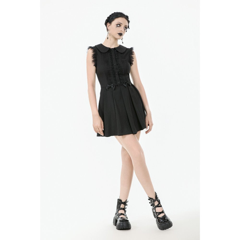 Elegant Dark In Love Gwendolyn black mini dress featuring a lace panel and Peter Pan collar, styled for a gothic aesthetic.