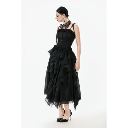 Full outfit display of Dark in Love Selene Floral Jacquard Corset Top styled with flowing skirts and layered petticoats for an enchanting dark elegance.