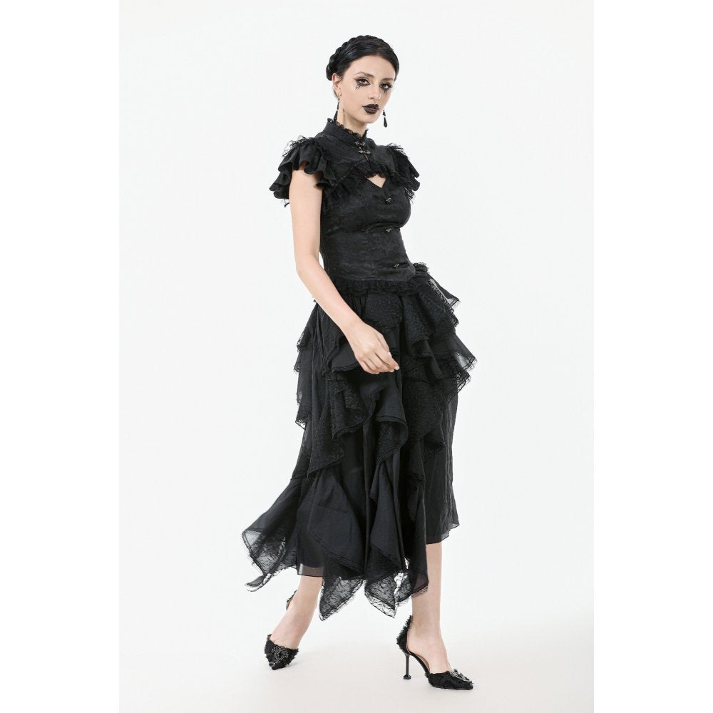 Dark romance aesthetic of the Seraphine Lace Shoulder Top from Dark in Love, paired with gothic skirt and setting the mood for an elegant soirée.