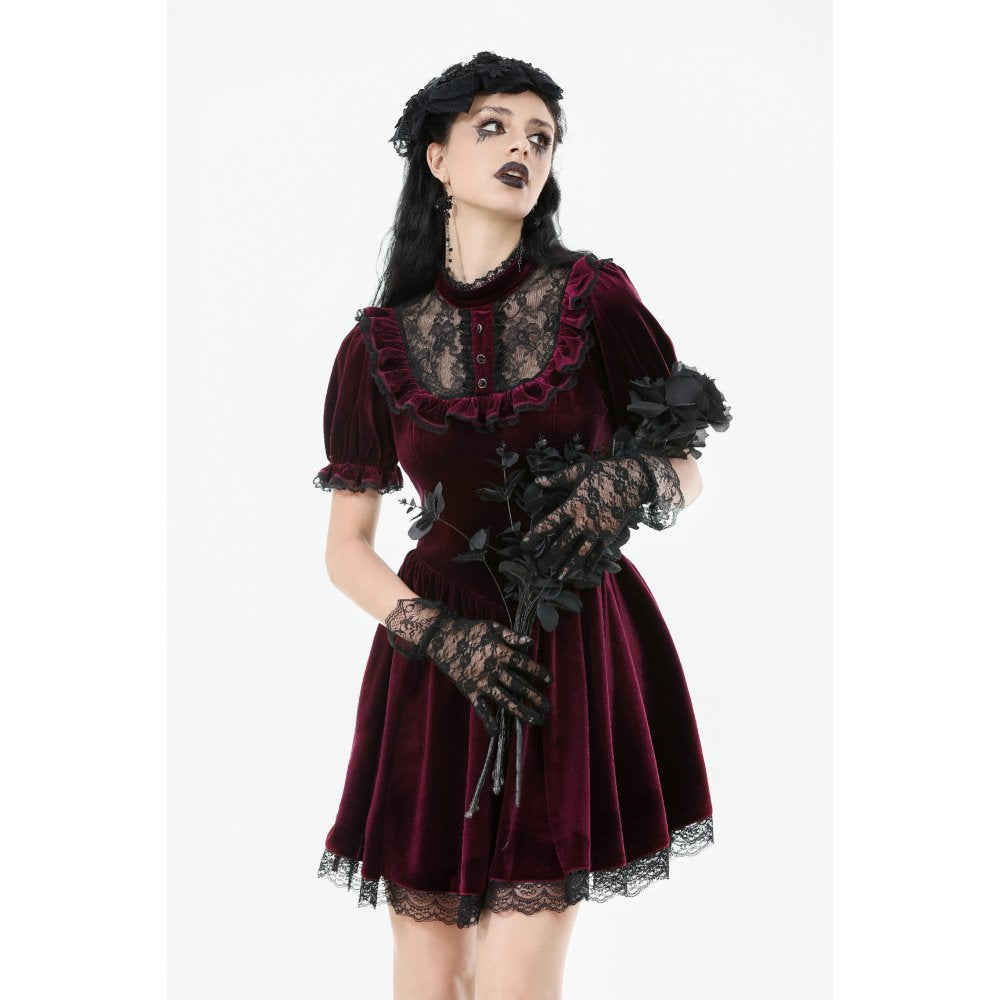 Close-up of the high lace collar and sheer lace yoke of the Ophelia Burgundy Velvet Goth Dress, highlighting exquisite craftsmanship and luxurious details.