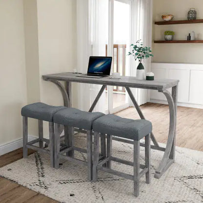 Elegant view of the Apex Artisan Bar in a sophisticated home setting, with a solid wood table and plush light grey stools, embodying modern luxury and versatility for dining or work.