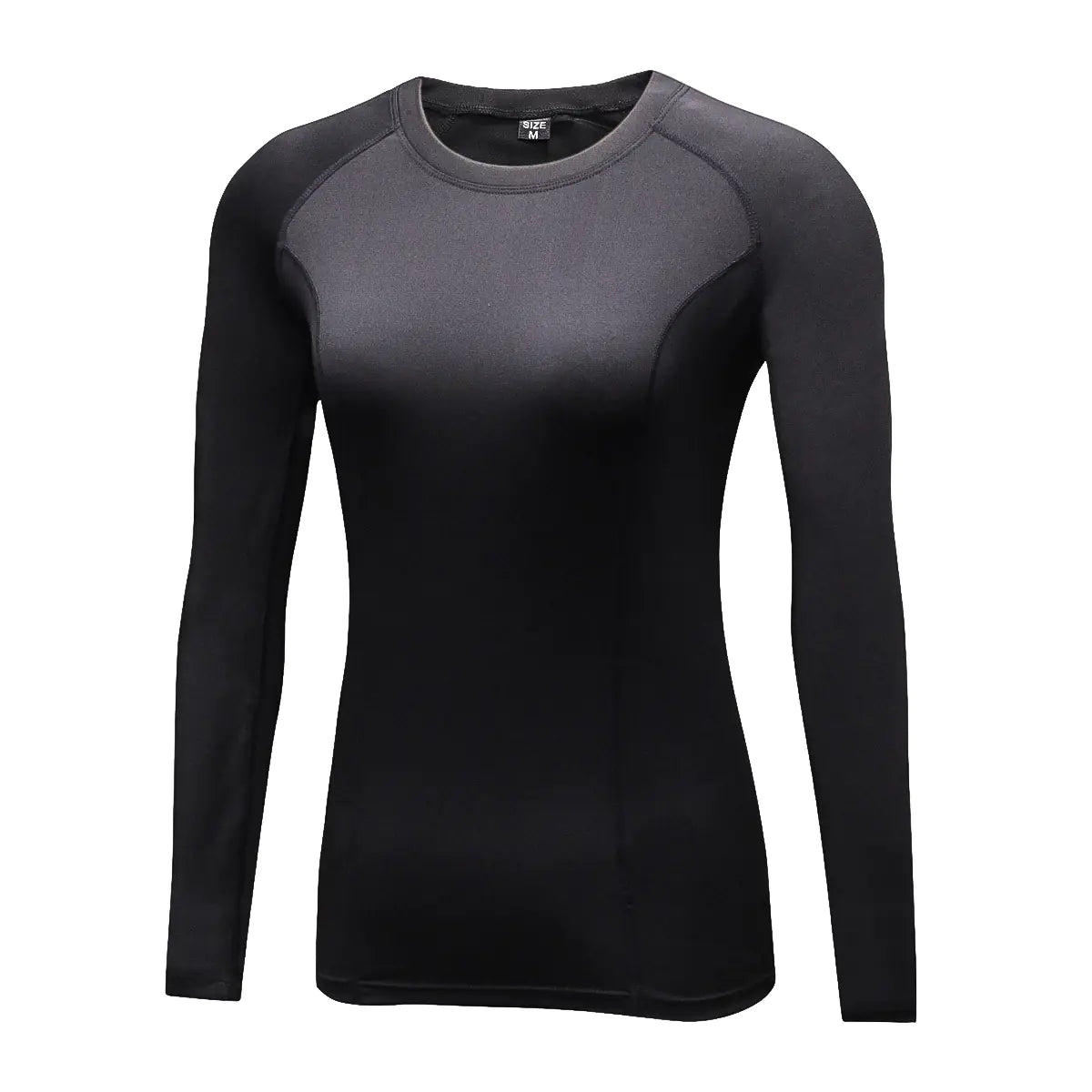 Luxury women's long sleeve black compression running shirt, featuring moisture-wicking stretchy fabric for optimal performance and comfort in activewear.