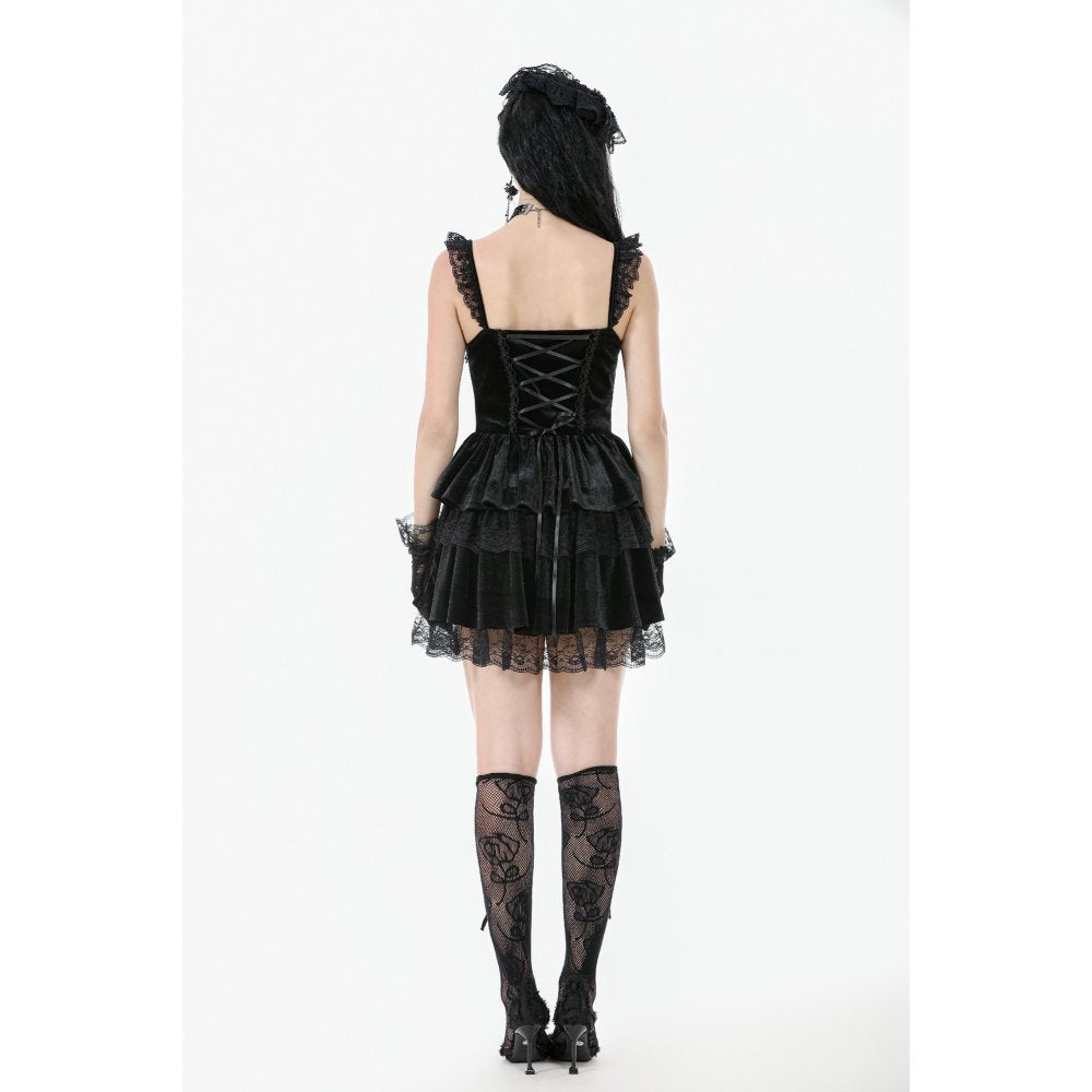 Elegant gothic dress worn by a model, highlighting the flattering fitted bodice and wide lace-trimmed shoulder straps.