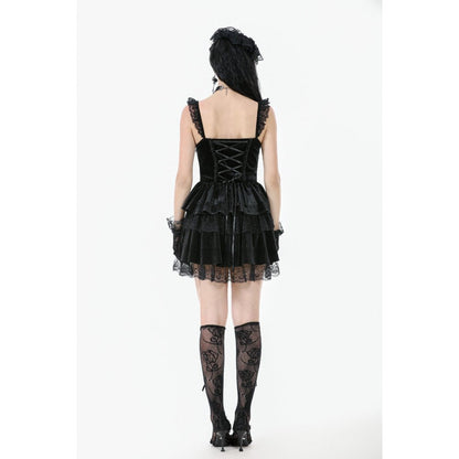 Elegant gothic dress worn by a model, highlighting the flattering fitted bodice and wide lace-trimmed shoulder straps.