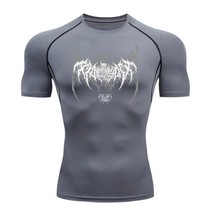 Chic men's white compression shirt with creative graphic design, merging elegance with workout functionality.