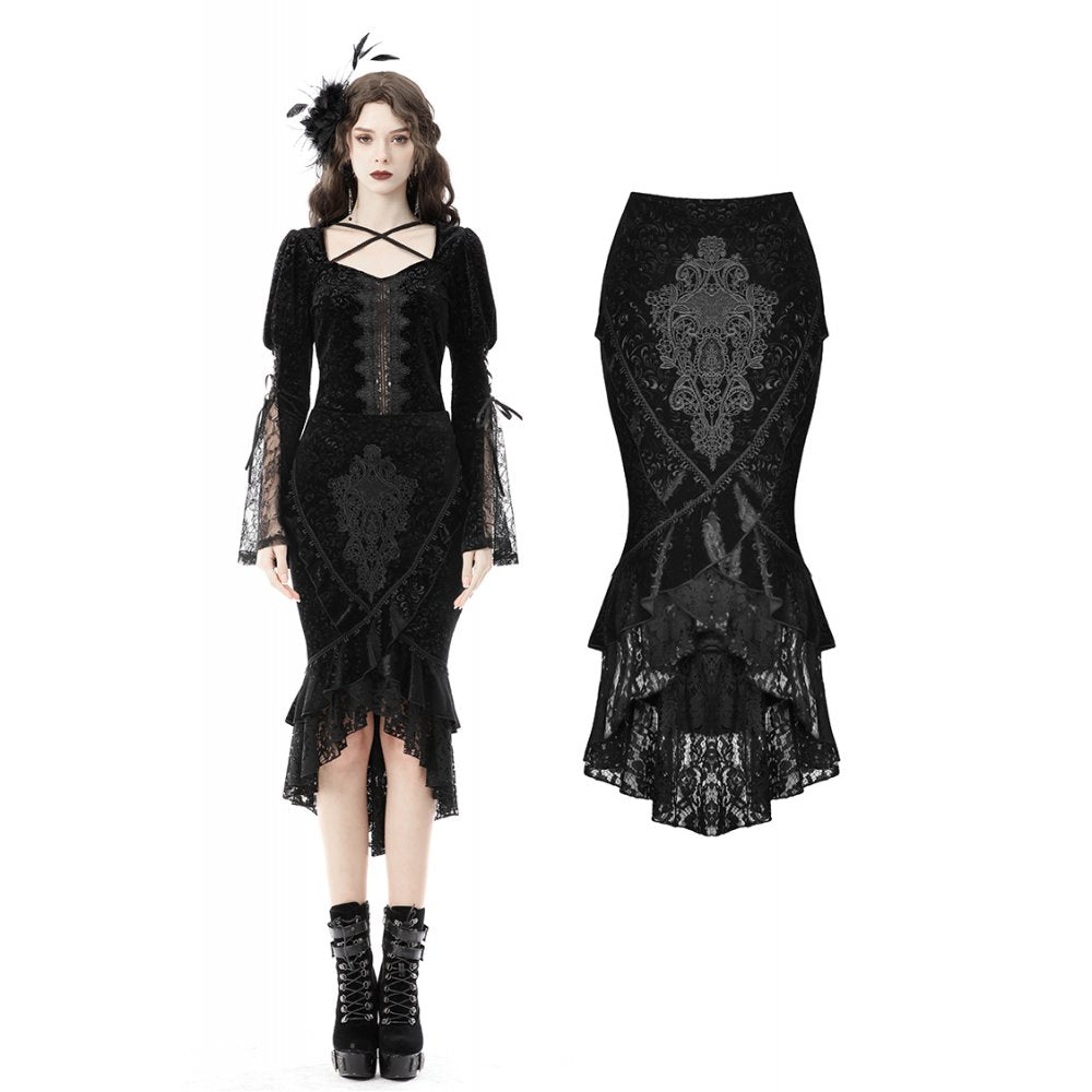 Luxurious dark velvet fishtail midi skirt from Dark In Love, featuring elegant lace applique detailing and sophisticated corset lacing, perfect for evening wear.