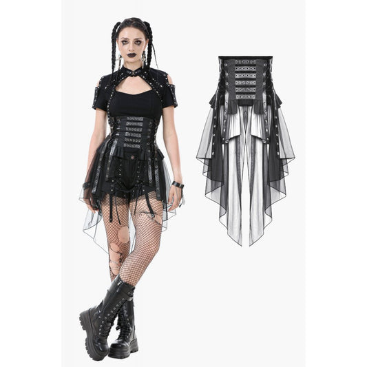 Elegant Dark in Love Draven Layered Mesh & Faux Leather Waist Cincher Skirt, showcasing structured waistband and dramatic lace-up sides.