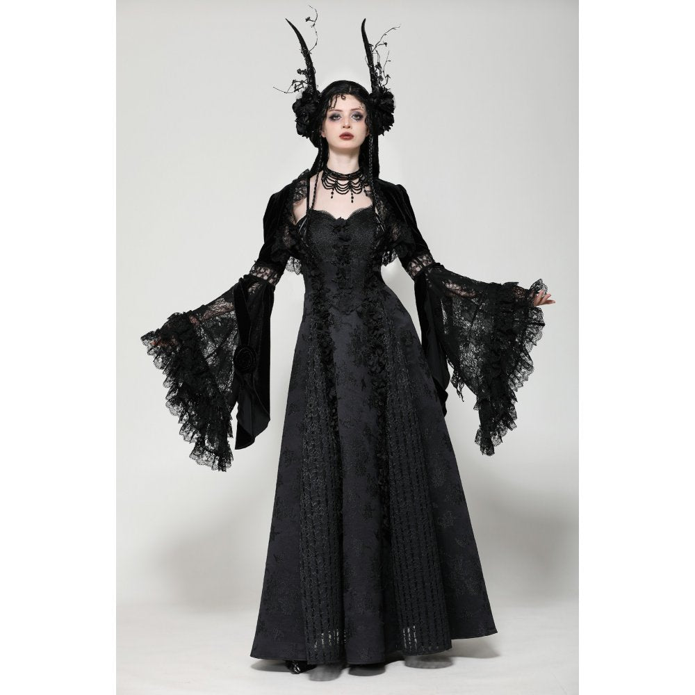 Model showcasing the Dark in Love Lavinia Velvet and Lace Shrug in a gothic outfit, highlighting the dramatic bell sleeves.