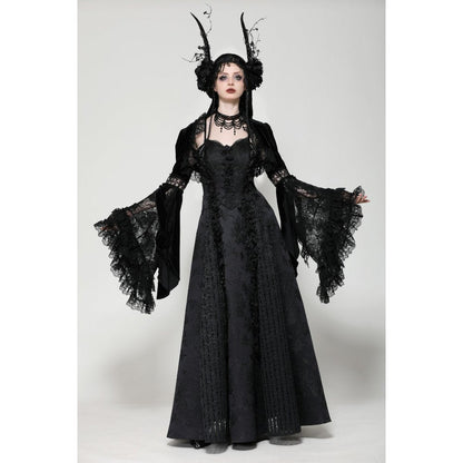 Model showcasing the Dark in Love Lavinia Velvet and Lace Shrug in a gothic outfit, highlighting the dramatic bell sleeves.