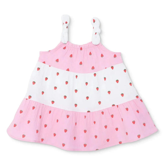HelloBaby Girls Dress Buttoned Berry Belle Crew Neck Short Sleeve - Pink Printed