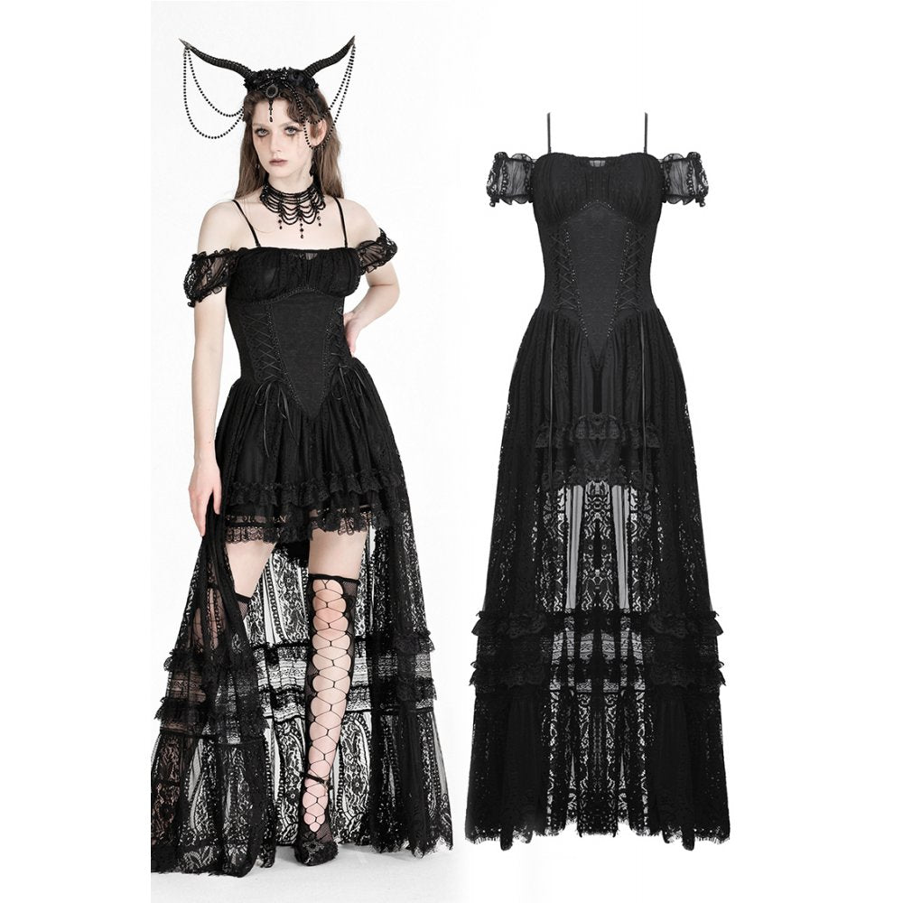 Stunning gothic Kelilah Lace Hi-Low Dress featuring elegant off-shoulder sleeves and intricate lace details by Dark in Love, showcased in a unique setting.