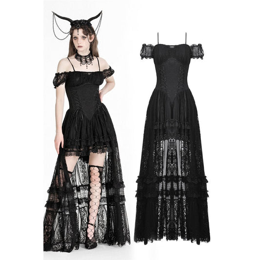 Stunning gothic Kelilah Lace Hi-Low Dress featuring elegant off-shoulder sleeves and intricate lace details by Dark in Love, showcased in a unique setting.
