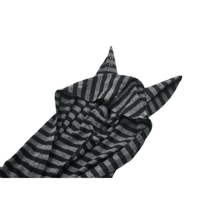 Luxurious Dark In Love Cat Ear Hoodie Dress in grey and black stripes featuring an embroidered bat-heart emblem, perfect for adding a playful yet edgy touch to your gothic streetwear wardrobe.