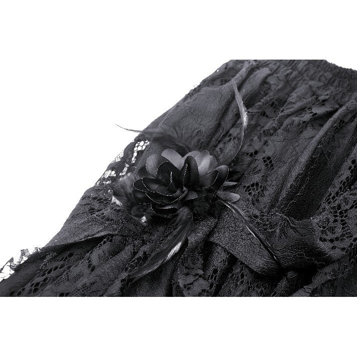 Side view of Dark in Love Abella Distressed Lace Midi Skirt highlighting its unique design with layers of lace and charming flower decorations for a distinctive look.