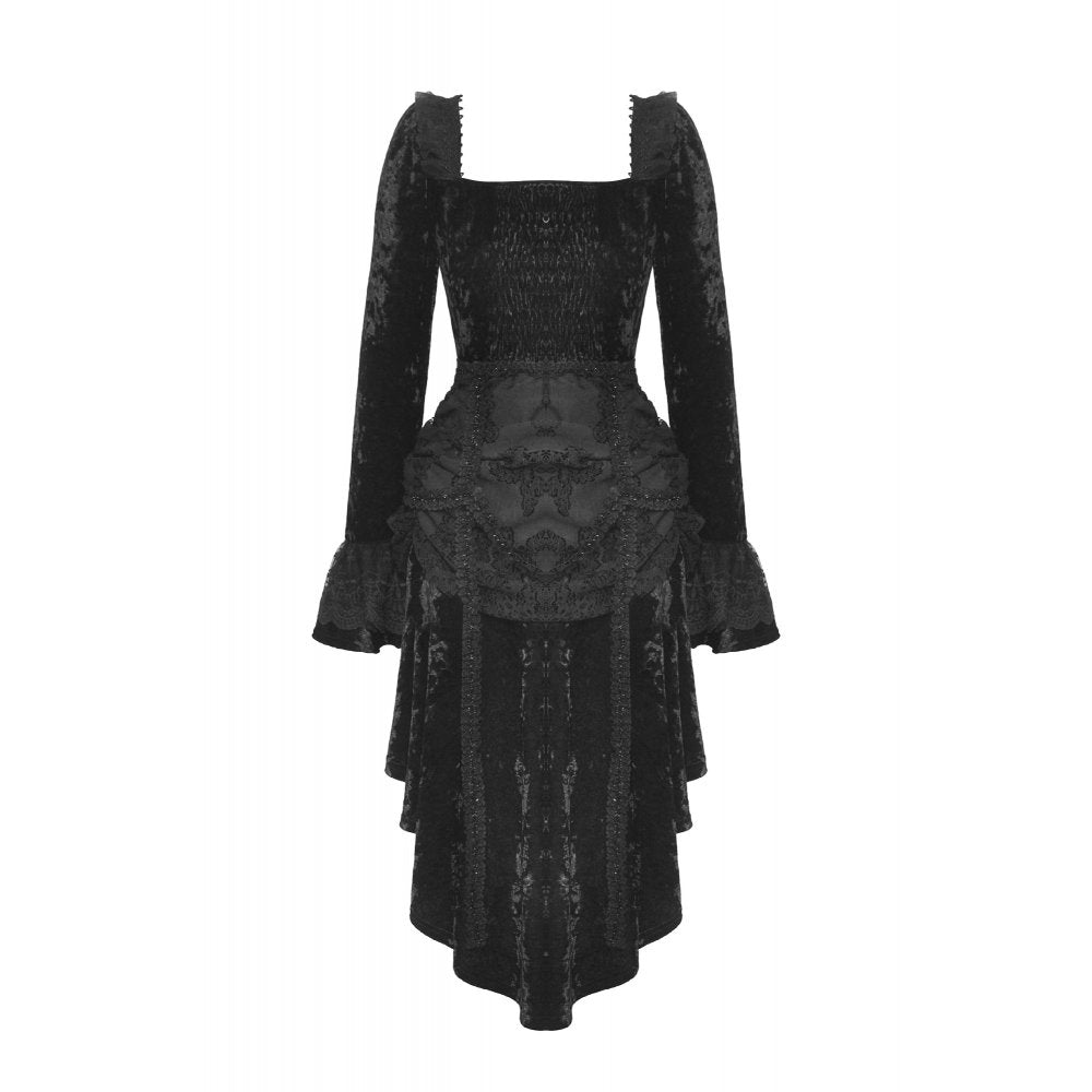 Elegant high-low hem of the Dark in Love Seraphina Goth Dress displaying ruffled details and romantic sleeves with lace trim, a statement piece for gothic soirées.