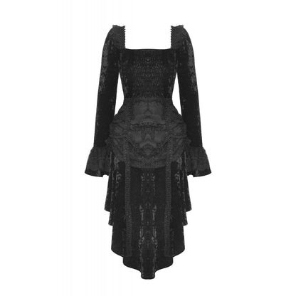 Elegant high-low hem of the Dark in Love Seraphina Goth Dress displaying ruffled details and romantic sleeves with lace trim, a statement piece for gothic soirées.