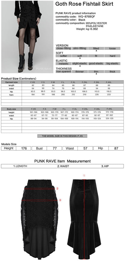 Close-up detail of the sheer lace side inserts of the Belladonna Fishtail Skirt by Punk Rave.