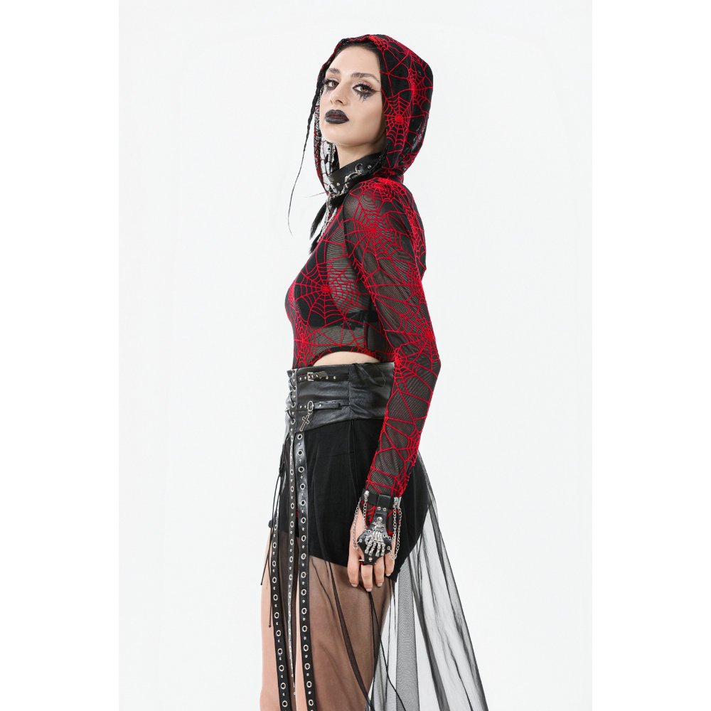 Model showcasing the Dark in Love Gothic sheer mesh maxi skirt in an atmospheric setting, emphasising its flowing mesh fabric and high-waisted silhouette.