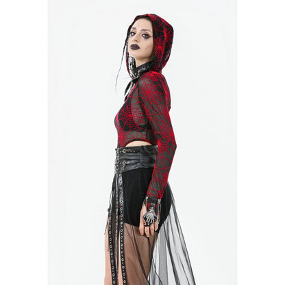 Model showcasing the Dark in Love Gothic sheer mesh maxi skirt in an atmospheric setting, emphasising its flowing mesh fabric and high-waisted silhouette.