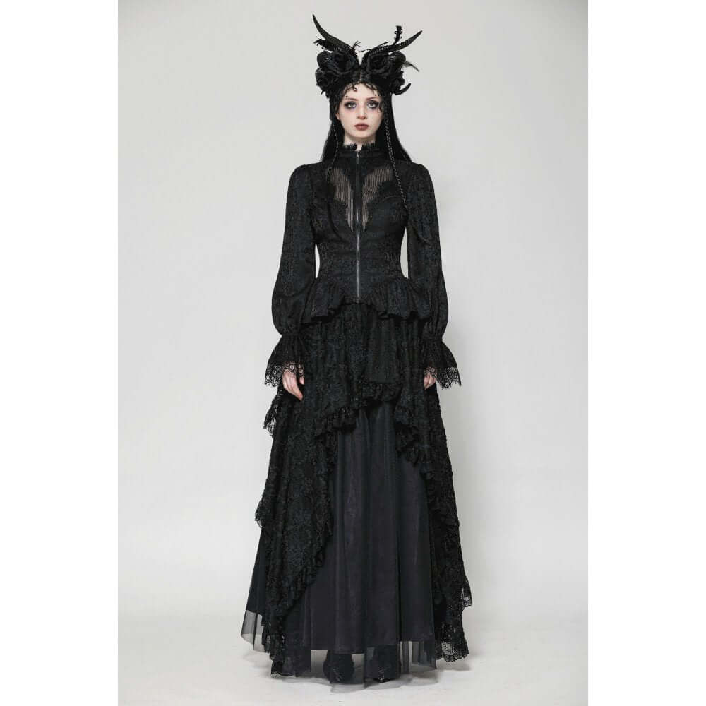 Back view of Felicity Gothic Tailcoat Shirt illustrating the elegant flowing lace tail, perfect for a chic gothic-inspired outfit.
