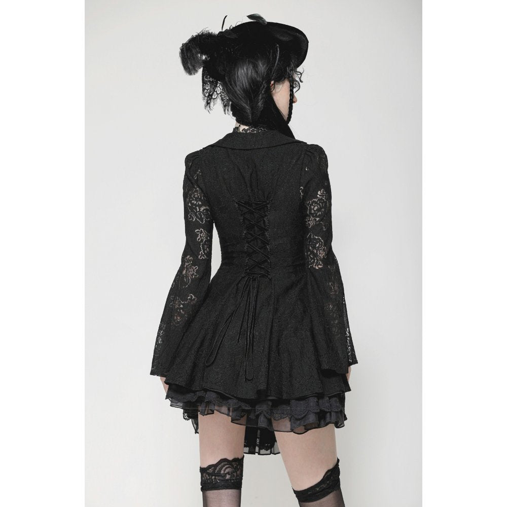 Gothic-inspired black lace dress styled for an elegant evening look, perfect for standout occasions.