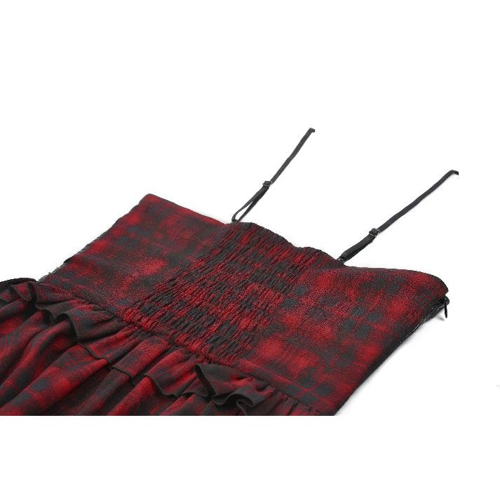 Luxurious Dark in Love red tartan corset punk dress featuring a structured bodice with grommet detailing and an asymmetrical handkerchief hem.