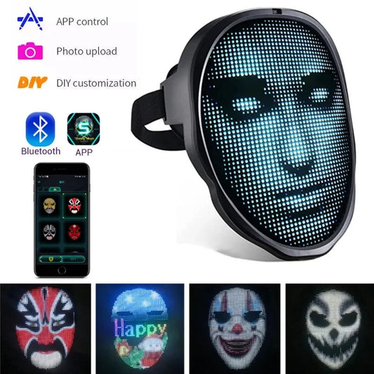 Full Color LED Luminous Mask with APP control features, showcasing vibrant designs for Halloween celebrations, making it a luxury accessory for memorable parties.