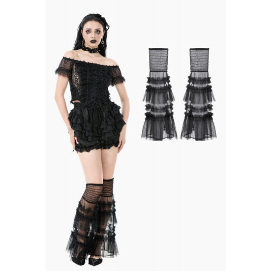 Elegant black knee-high socks featuring tiered tulle and ruffled mesh, perfect for gothic and romantic fashion styles.
