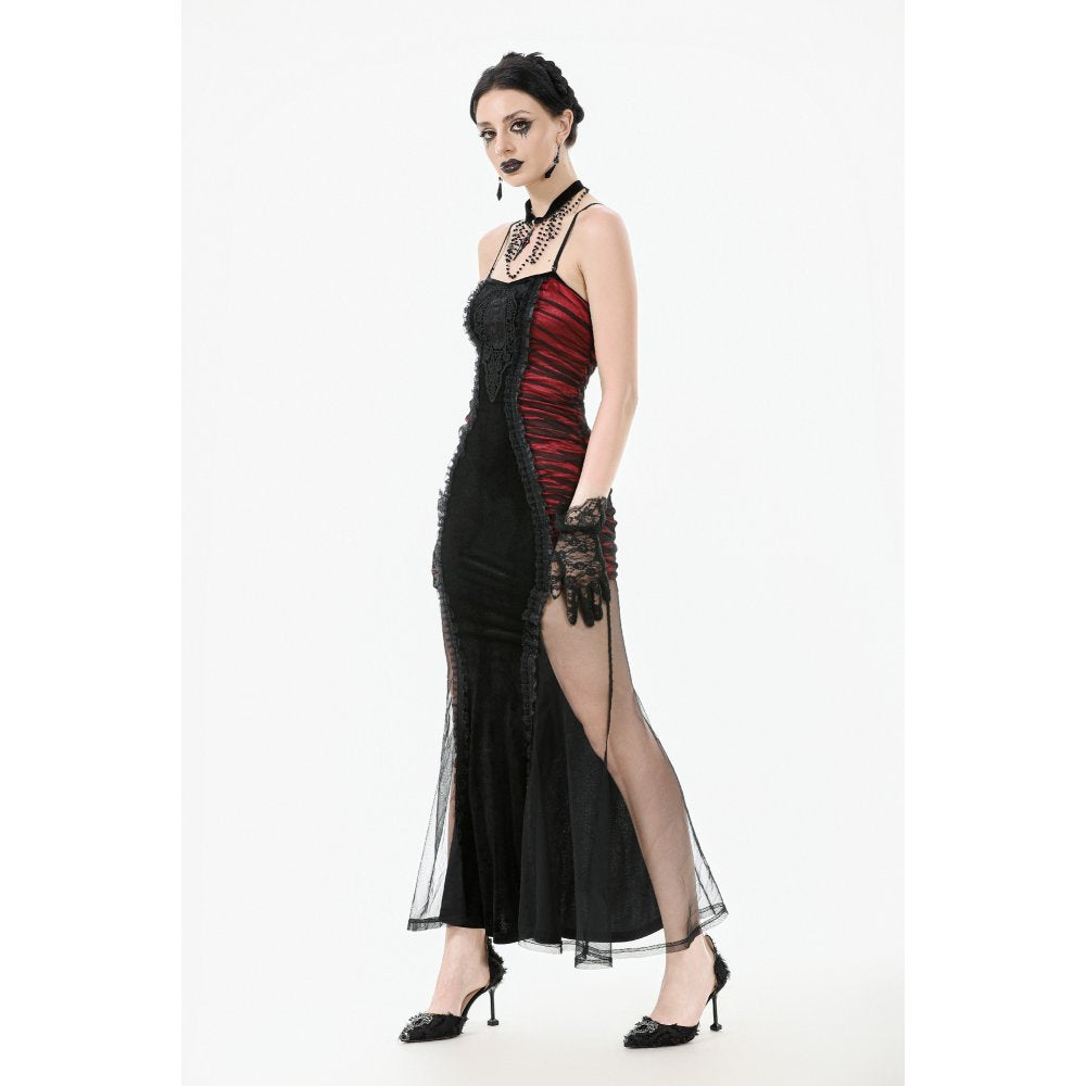 Fashion model gracefully wearing the Lilith red and black gothic gown, demonstrating its perfect fit and stylish allure for alternative formal events.