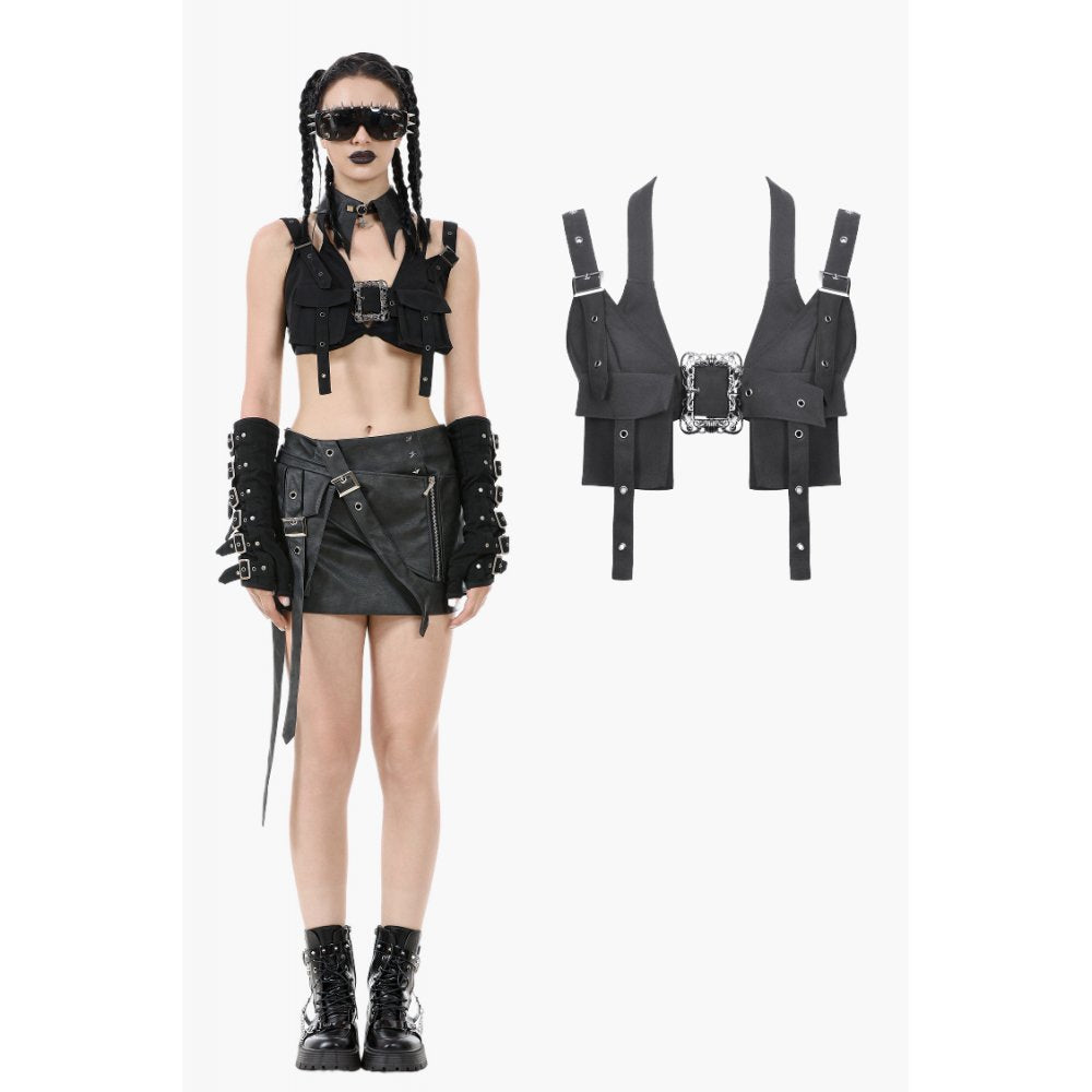 Dark In Love Evangeline Buckled Utility Crop Top featuring a bold gothic harness design with adjustable straps, faux pockets, and striking chunky silver chain details for a luxurious edgy look.
