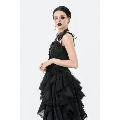 Back view of Dark in Love Selene Ruffled Floral Jacquard Corset Top illustrating the intricate lace-up back for a chic and tailored fit.