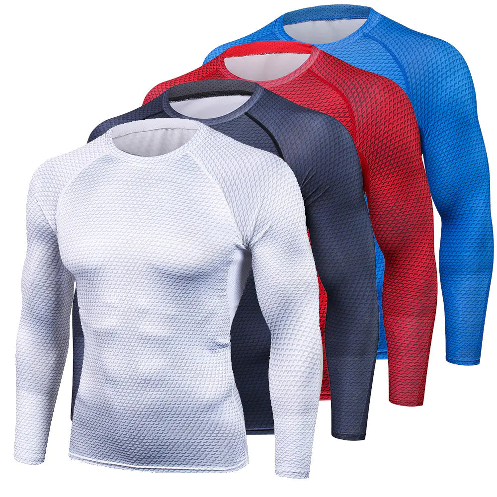 Stylish set of four men's compression long sleeve shirts in various colours including white, red, navy, and blue, perfect for workout enthusiasts.