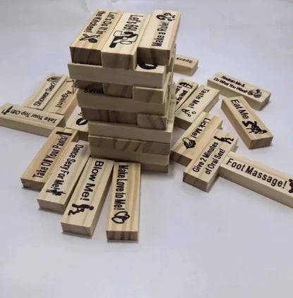 Couples' Sexy Jenga Game showcases premium wooden blocks stacked with intimate challenge prompts, perfect for romantic adventures.