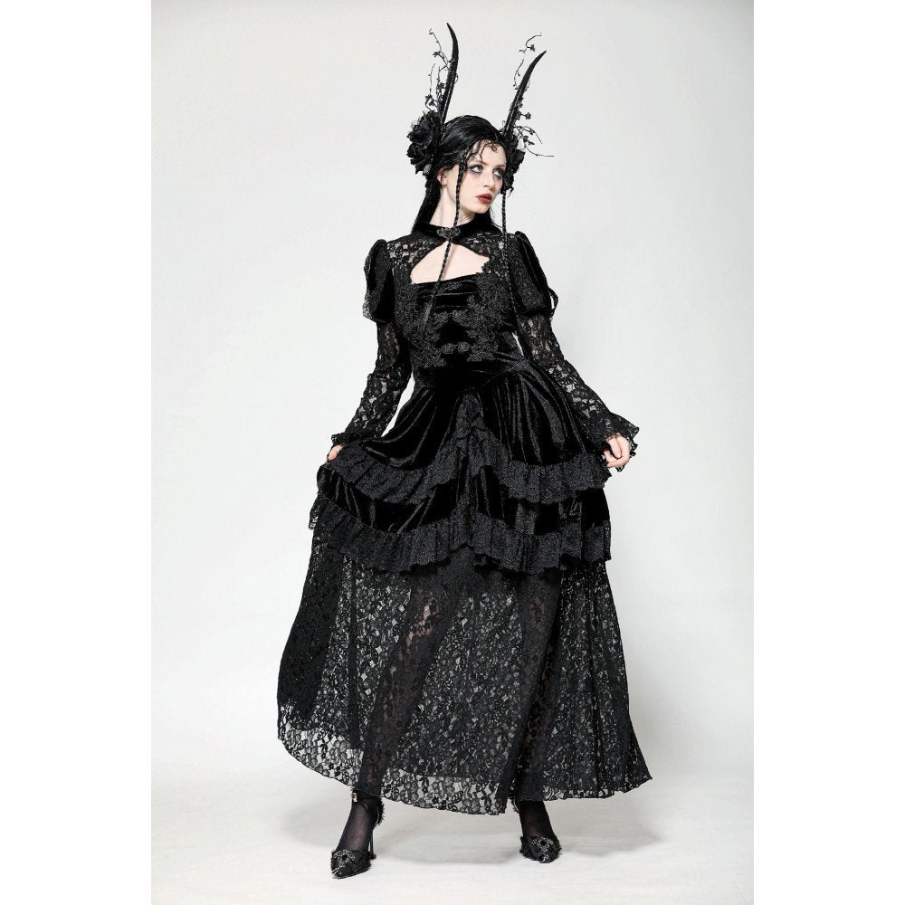 Full-length view of the Dark in Love Velvet Princess Gown, showcasing its flowing silhouette and sophisticated design for gothic fashion enthusiasts.