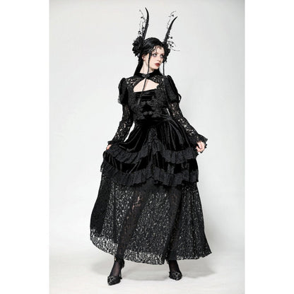 Full-length view of the Dark in Love Velvet Princess Gown, showcasing its flowing silhouette and sophisticated design for gothic fashion enthusiasts.