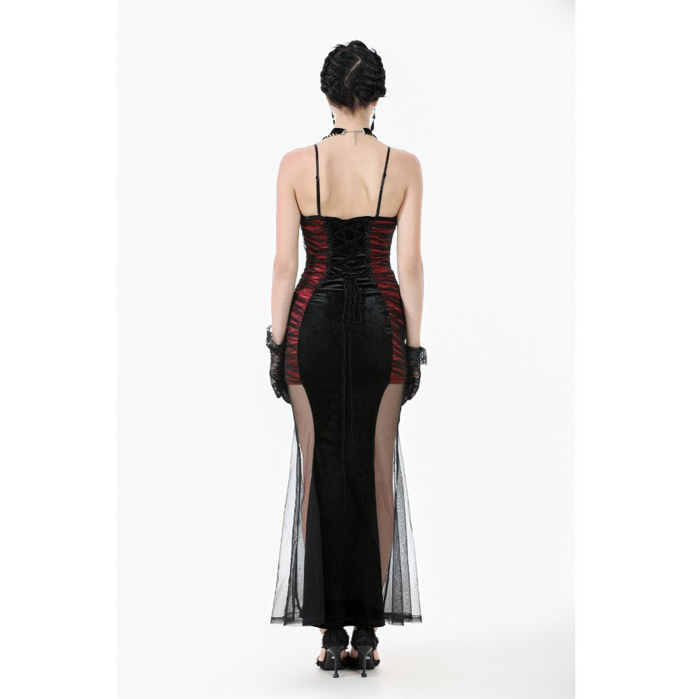 Luxury Lilith Red and Black Gothic Gown featuring exquisite lace appliqué on the bodice and elegant sheer mesh panels at the hem.