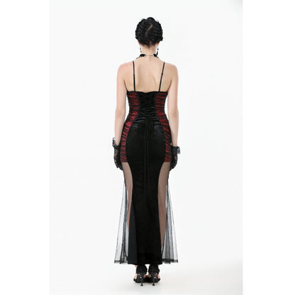 Luxury Lilith Red and Black Gothic Gown featuring exquisite lace appliqué on the bodice and elegant sheer mesh panels at the hem.