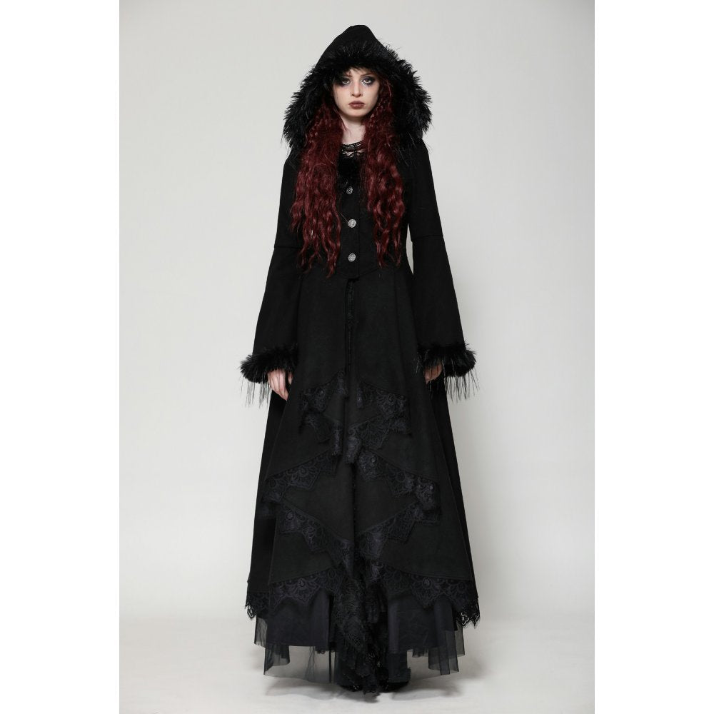 Dark In Love Eira stunning lace and faux fur hooded coat elegantly displayed on a mannequin, showcasing sophisticated winter fashion craftsmanship.