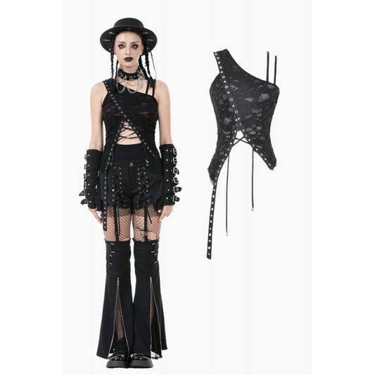 Gothic Elegance One-Shoulder Black Lace Top featuring a striking asymmetrical design with adjustable lace-up detail, perfect for alternative fashion enthusiasts.