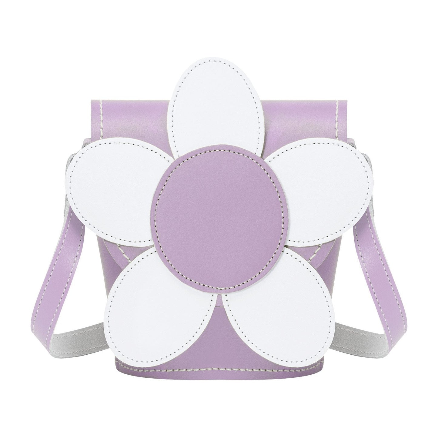 Handmade Premium Leather Daisy Barrel Bag in pastel violet with adjustable strap, featuring a daisy appliqué, stylish compact design, and magnetic fastening, perfect for fashion-forward individuals.