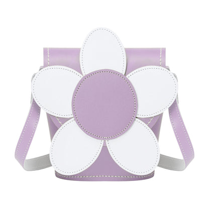 Handmade Premium Leather Daisy Barrel Bag in pastel violet with adjustable strap, featuring a daisy appliqué, stylish compact design, and magnetic fastening, perfect for fashion-forward individuals.