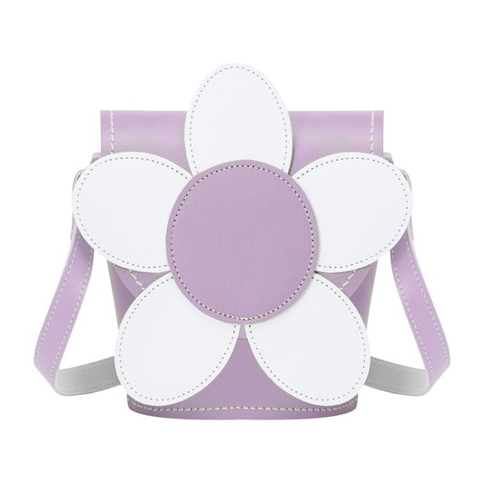Handmade Premium Leather Daisy Barrel Bag in pastel violet with adjustable strap, featuring a daisy appliqué, stylish compact design, and magnetic fastening, perfect for fashion-forward individuals.