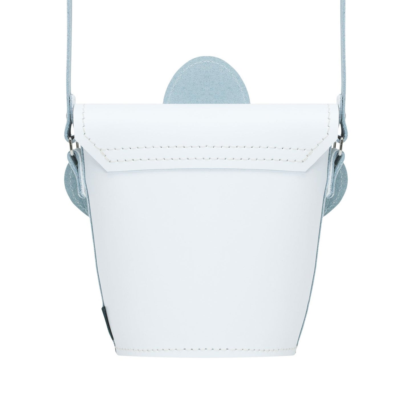 Premium Handmade Leather Daisy Barrel Bag in white and violet, featuring elegant craftsmanship and a whimsical floral design, perfect for chic styling.